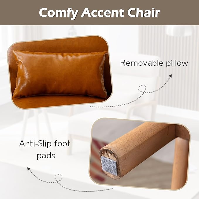 INZOY Mid Century Modern Accent Chair Set of 2, High Back Reading Armchair with Wood Frame, PU Leather Living Room Chairs with Waist Cushion, Single Lounge Arm Chair for Bedroom Sunroom, Camel