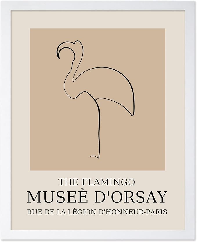 Poster Master Vintage Poster - Retro Minimalist Print - Gift for Artist, Housewarming - Flamingo, Line Drawing, Sketch, Abstract - Wall Decor for Living Room, Bedroom, 8x10 White Framed