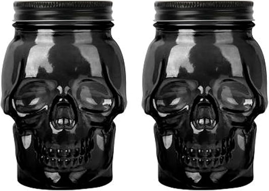 Set of 2 Skull Mason Jar Glasses with Lids | 42oz Reusable Halloween Drinking Glasses | Unique Skull Décor, Storage, & Canning Jars for Parties & Gifts
