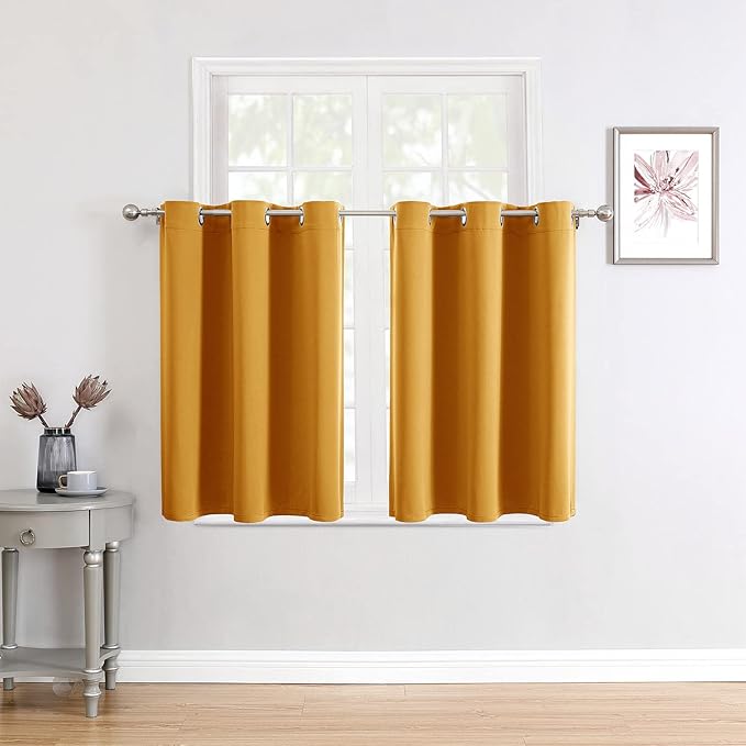 ChrisDowa Small Window Curtains for Kitchen and Bedroom - Grommet Short Thermal Insulated Room Darkening Curtains (2 Panels, Mustard Yellow, 52 x 36 Inch)