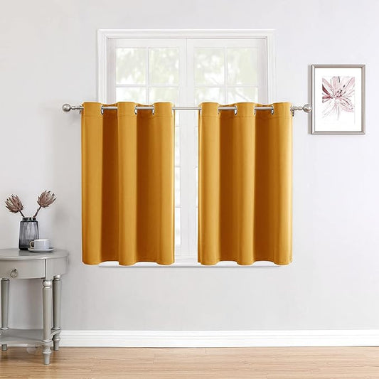 ChrisDowa Small Window Curtains for Kitchen and Bedroom - Grommet Short Thermal Insulated Room Darkening Curtains (2 Panels, Mustard Yellow, 42 x 36 Inch)