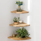 Corner Shelves, Floating Corner Shelf, Set of 3 Solid Oak Wood Corner Wall Shelves, Round End with Wire Hole Shelving for Small Plant for Bedroom Kitchen, Living Room (Size 9/10/12in)
