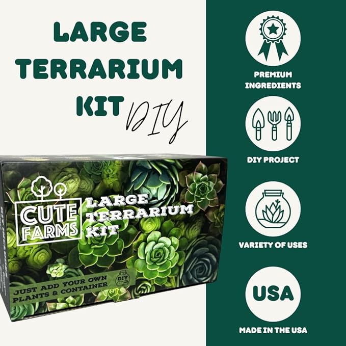 Cute Farms Terrarium Starter Kit | Moss, Vermiculite, Soil, Pebbles, Plant Food, Finishing Tools, Build and Care Guide | DIY Succulent Terrarium for Adults and Kids (Large + Live Plants)