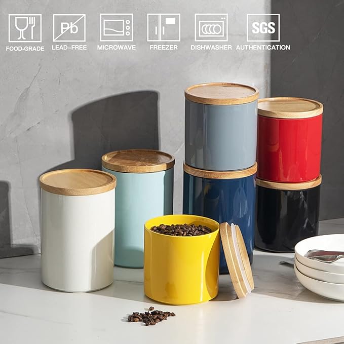 Sweejar Kitchen Canisters Ceramic Food Storage Jar, Stackable Containers with Airtight Seal Wooden Lid for Serving Coffee Bean, Flour, Tea, Spice and More - 39 Fl Oz (White)