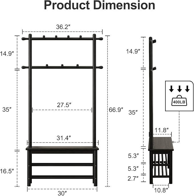 Coat Rack with Shoe Storage, Wooden Hall Tree with Bench, 11 Hooks and 2-Tier Storage Shelves, 3-in-1, Entryway Bench with Coat Rack (31.5"-Deep Black)