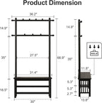 Coat Rack with Shoe Storage, Wooden Hall Tree with Bench, 11 Hooks and 2-Tier Storage Shelves, 3-in-1, Entryway Bench with Coat Rack (31.5"-Deep Black)