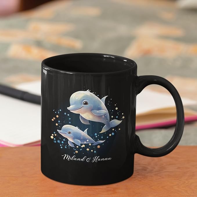 Custom Name Xmas Animal Cup, Cute Dolphins Swimming Design Mug 11oz 15oz, Customized Christmas Dolphins Black Cup, Personalized Animal Lover Coffee Mug, Gift For Newlyweds, Close Friend