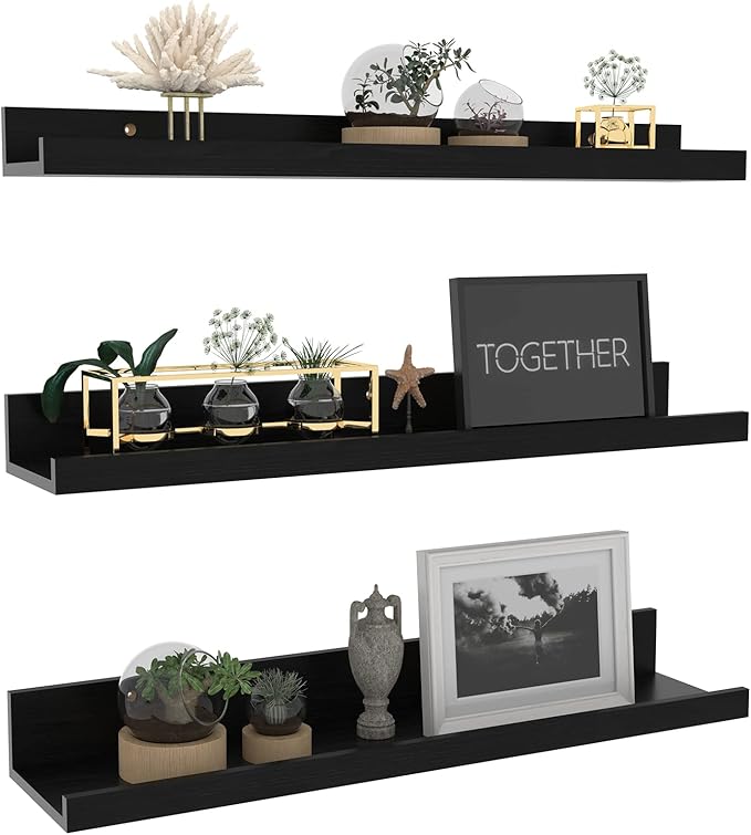 Giftgarden 24 Inch Black Floating Shelves Wall Mounted Woodgrain Picture Ledge Shelf for Storage Bedroom Bathroom Kitchen Living Room Office, Set of 3 Different Sizes