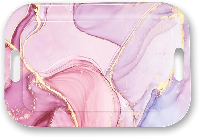 Serving Trays with Handles, 14.5 x 9.8 inch Rectangular Plastic Tray for Restaurant, Kitchen, Painting of Pink and Gold Marble