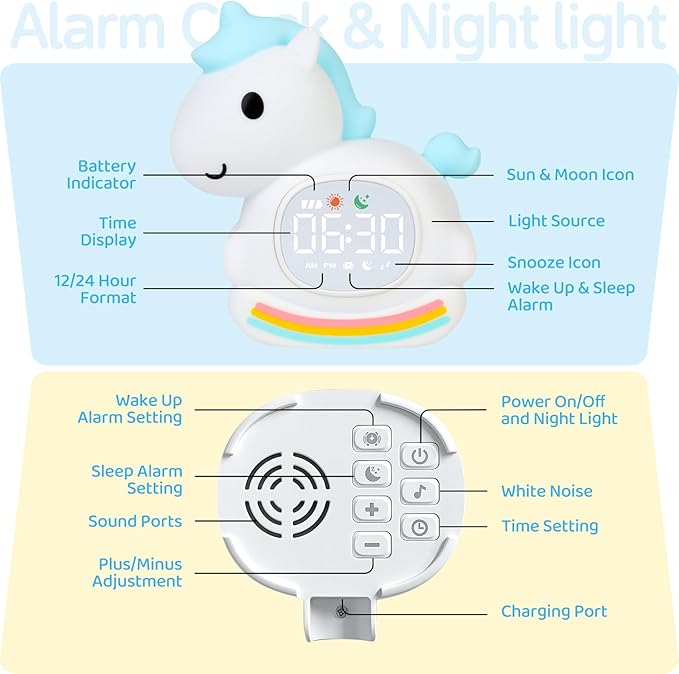 Alarm Clock for Kids with Night Light, Sleep Training Clock Time to Wake Clock, Rechargeable Silicone Light for Bedroom, Perfect Sleep Companion for Boys Girls, Blue Pony