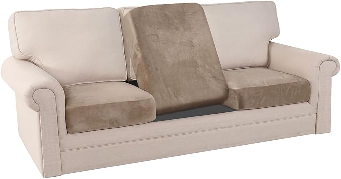 PrinceDeco Velvet Stretch Couch Cushion Cover Soft Cushion Slipcover for Chair Loveseat Sofa Furniture Protector Seat Cushion Sofa Cover (Each Width Up to 29.5", Taupe)