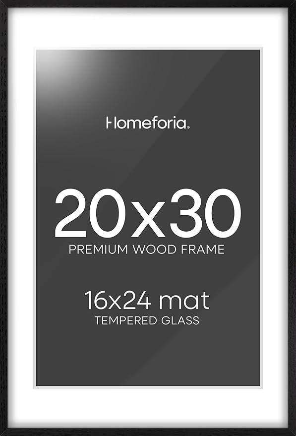 Homeforia 20x30 Black Wood Frame, High End Oak 20x30 Wooden Picture Frames with Mat 16x24 Photo, 20 x 30 Poster Frame Matted to 16 by 24 Print, 30x20 Hanging Frames, Tempered Glass, Wall Kit, Set of 1