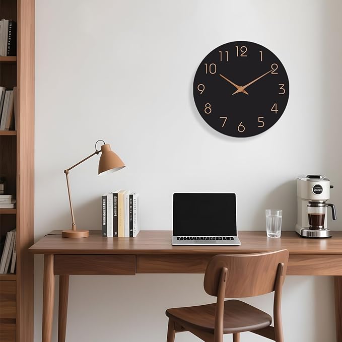 Mosewa 12 Inch Black Wall Clock Battery Operated Silent Non Ticking Modern Simple Minimalist Decorative for Kitchen Bedroom Home Office Bathroom Living Room