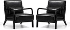 Glitzhome 2 Set Mid Century Black Accent Armchair, Single Reading Armchair PU Leather Lounge Chair with Walnut Ruberwood Frame
