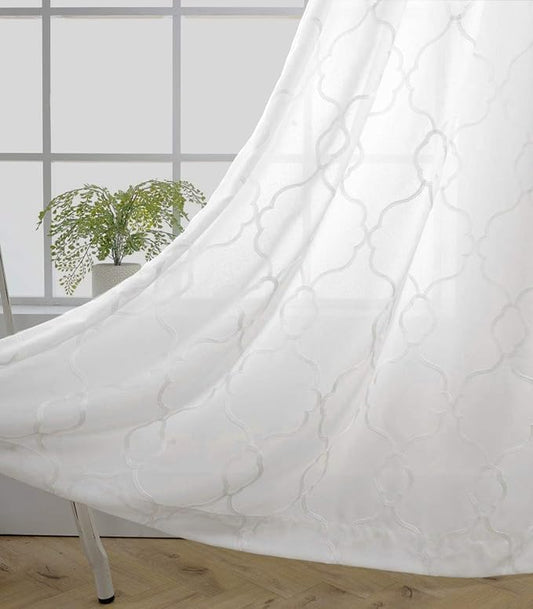 MIUCO Moroccan Embroidery Semi Sheer Curtains Faux Linen Grommet Window Curtains for Bedroom Living Room 63 Inch Length 2 Panels, Pure White