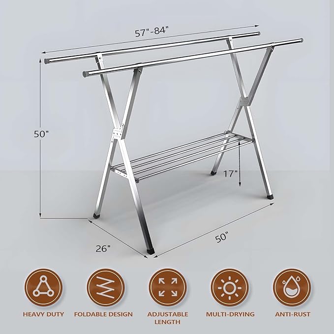 JAUREE Clothes Drying Rack 2 Tiers, Heavy Duty Drying Rack Clothing Folding Indoor Outdoor, Stainless Steel Laundry Drying Rack, Foldable Garment Rack with 20 Windproof Hooks (84 Inches)