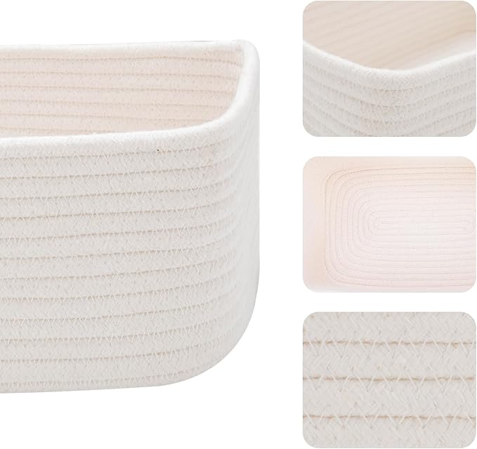 Small Storage Baskets for Organizing | Closet Organizer Bins | Shelf Toy Basket | Woven Rope Baskets | Cube Decorative Box | Shallow Basket | 11.5x7.5x4.7” | 4 Packs Off White