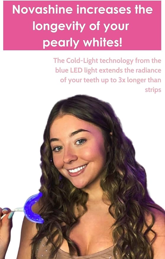 Novashine Professional Teeth Whitening Kit: Advanced Blue LED Light, Concentrated Peroxide Gel, Smartphone Adapter, Travel Bag