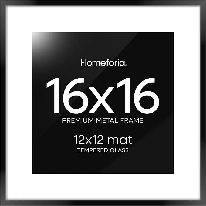 Homeforia 16x16 Picture Frame Black, High End Metal 16x16 Square Poster Frame Matted to 12x12 Print, 16 x 16 Black Frames with Mat 12 x 12 Photo, 16by16 Thin Frames, Tempered Glass, Wall Kit, Set of 1