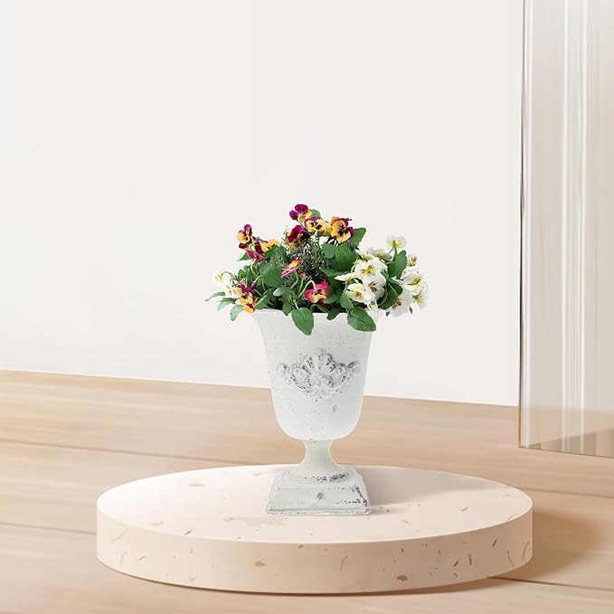 POPETPOP Tall Urn Vase Retro White Metal Urn Planter Pedestal Flower Pot Rustic Farmhouse Flower Holder for French Country Style Home Table Centerpiece Decor，5.9x5.9x7.47 inches