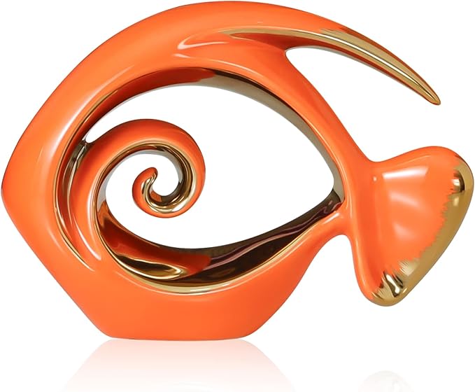 Orange Gold Ceramic Fish Figurines - Coastal Home Decor, Modern Ocean Centerpieces for Living Room, Dining Area, Bathroom, Office, Coffee Table, Beach House, Nautical, Seaside, Entrance, Shelf Display
