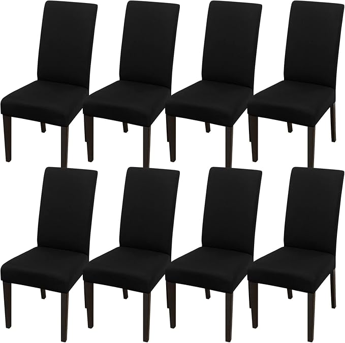 JQinHome Dining Room Chair Covers Set of 8, High Stretch Chair Slipcover Removable Washable Chair Seat Protector Cover for Home Party Hotel Wedding Ceremony (Black)