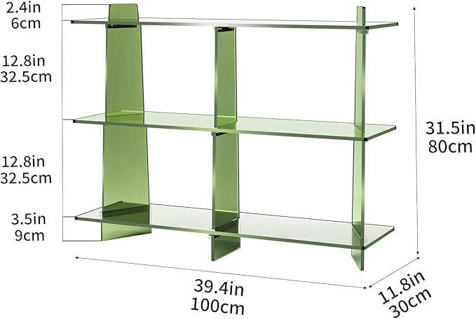 Acrylic Bookshelf, Small 3 Tier Open Bookcase for Small Spaces,Sofa Table, Hallway Entry Table for Home Living Room (Green, 39.4'' x 11.8'' x 31.5'')