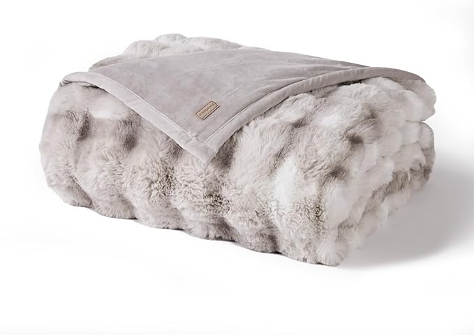 EVERGRACE Ultra Soft Luxury Fluffy Ridgeline Faux Rabbit Fur Throw Blanket, Thick Warm Bubble Throw for Bed, Cozy Plush Reversible Blankets for Couch, Chair, Sofa, Light Grey, 60x80 Inches, 870 GSM