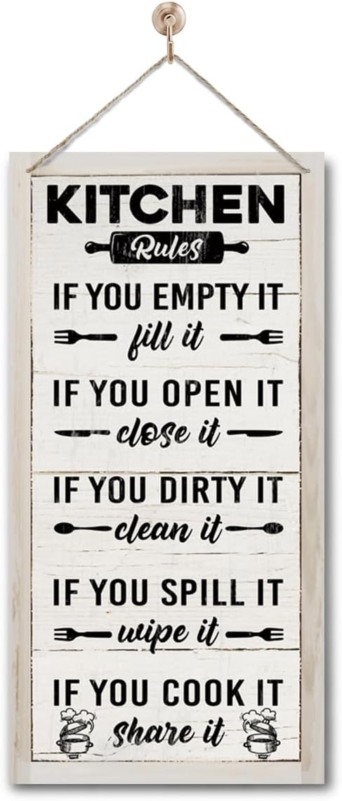 Hanging Kitchen Rules Wood Decor Sign, Rustic Kitchen Wooden Signs, Printed Wood Wall Art Sign, Kitchen Door Rules Rustic Sign, Hanging Wood Sign Kitchen Decor, Funny Farmhouse Kitchen Wall Décor B1