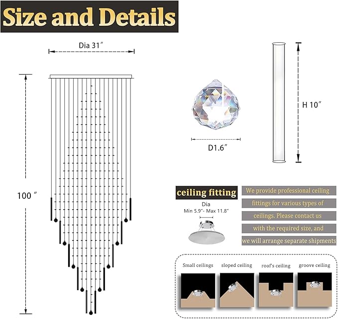 D32''X H100'' Large Crystal Chandelier Lighting, Modern LED Round Raindrop Flush Mount Ceiling Light Fixture for Hotel Staircase Hallway Modern Crystal Chandelier Suitable for Sloping Ceiling
