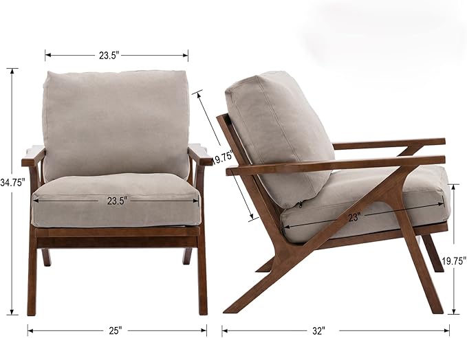 HNY Mid Century Chair, Faux Leather Upholstered Accent Armchair with Wood Frame and Canvas Cushions, Leisure Reading Chair Slipper Chair for Living Room, Bedroom, Beige
