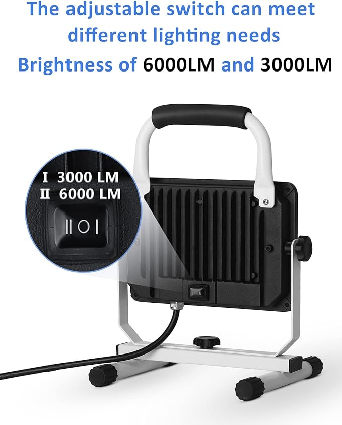UFOND 6000 Lumen LED Work Light with Stand,60W Waterproof Flood Light, Brightness Switch Adjustable,Super Bright Portable Job Site Worklight with Power Cord for Garage Workshop Car,Outdoor Lighting