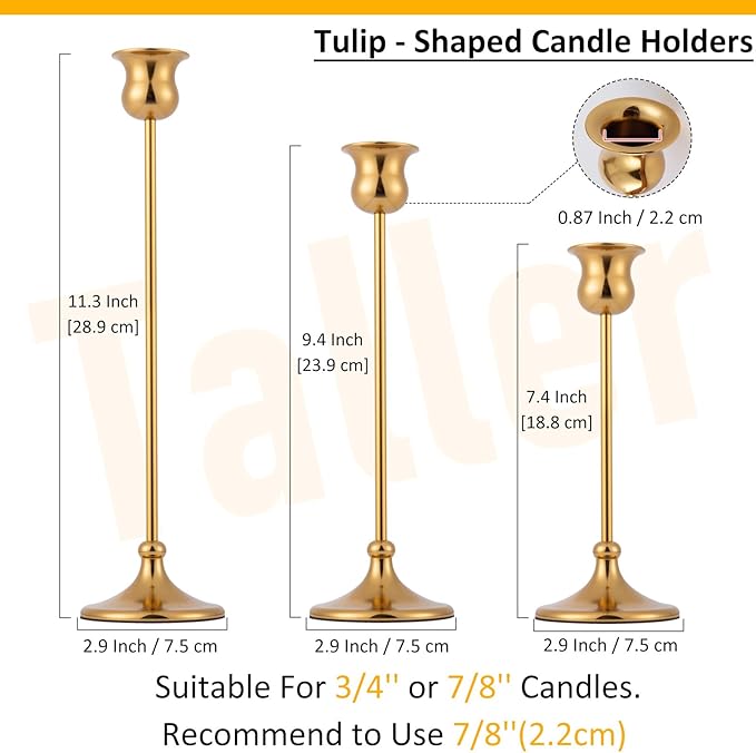 Taper Candle Holder Tall Vintage Metal Candlestick Holders Candle Stick Candelabra for Halloween Thanksgiving Christmas Holiday Wedding (Gold, 2 Sets (6 pcs))