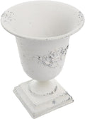 POPETPOP Tall Urn Vase Retro White Metal Urn Planter Pedestal Flower Pot Rustic Farmhouse Flower Holder for French Country Style Home Table Centerpiece Decor，5.9x5.9x7.47 inches