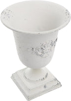 POPETPOP Tall Urn Vase Retro White Metal Urn Planter Pedestal Flower Pot Rustic Farmhouse Flower Holder for French Country Style Home Table Centerpiece Decor，5.9x5.9x7.47 inches