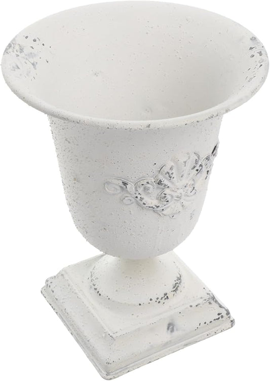 POPETPOP Tall Urn Vase Retro White Metal Urn Planter Pedestal Flower Pot Rustic Farmhouse Flower Holder for French Country Style Home Table Centerpiece Decor，5.9x5.9x7.47 inches