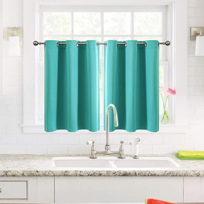 ChrisDowa Small Window Curtains for Kitchen and Bedroom - Grommet Short Thermal Insulated Room Darkening Curtains (2 Panels, Teal, 42 x 36 Inch)