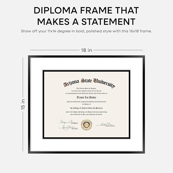 Homeforia 15x18 Diploma Frame Black, High End Metal 15 x 18 Black Certificate Frame with Mat 11 x 14, 18x15 Document Frame Matted to 11x14, Graduation Degree Frames, Tempered Glass, Wall Kit, Set of 1