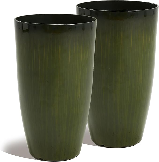 Worth Garden 23.5" H. Large Plastic Planters - Set of 2 Gradient Green Glossy Smooth Finish - Tall Plant Pots for Indoor & Outdoor Use - Decorative Lightweight Flower Pots for Front Porch, Patio, Deck