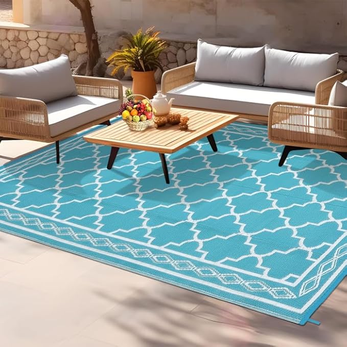 GAOMON Outdoor Plastic Straw Rug, 10'x14' Reversible Sage Green Patio Mat, Flower Modern Design for RV, Backyard, Deck, Camping, Picnic, Teal/White(Geometric)