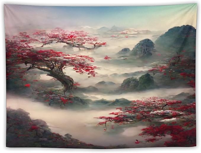 Japanese Tapestry, Red Plum Cherry Blossom Mountain Tapestry, Asian Japanese Wall Tapestry, Nature Landscape Tapestries for Bedroom Living Room Decor 90"x60"