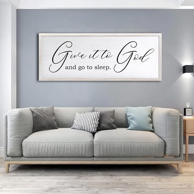 Give It To God And Go To Sleep Sign Wall Decor 40x15 Inch Large Farmhouse Master Bedroom Above Bed Hanging Wall Art Rustic Guest Room Wood Framed Over Bed Wall Decoration (White)