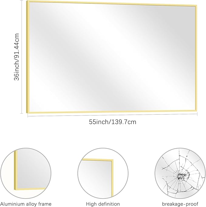 36x55inch Bathroom Mirror, Gold Rectangle Mirror with Thin Metal Frame, Large Rectangular Wall Mirror for Bathroom, Living Room, Hair Salon, Big Farmhouse Mirror Hang Horizontal/Vertical