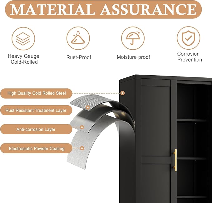 51" H Metal Kitchen Pantry Storage Cabinet, Freestanding Cupboard Storage Cabinet with Doors and Adjustable Shelves, Large Stand Up Food Cupboard for Living Room, Dinning Room, Black