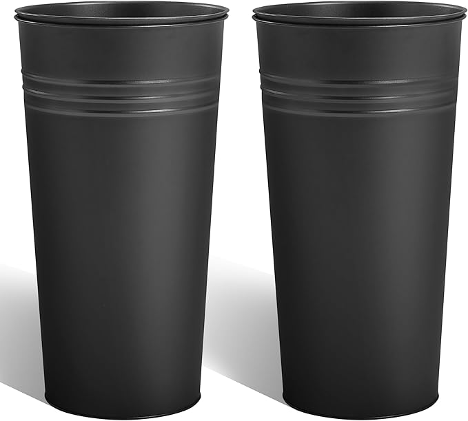 KOL 28'' Tall Galvanized Steel Planter Pot - Flower Pot with Water Level Indicator for Plants - 2-Pack Self Watering Planters - Round Black Powder Metal Planter Box - Indoor Outdoor Grande Plant