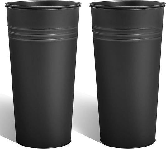 KOL 28'' Tall Galvanized Steel Planter Pot - Flower Pot with Water Level Indicator for Plants - 2-Pack Self Watering Planters - Round Black Powder Metal Planter Box - Indoor Outdoor Grande Plant