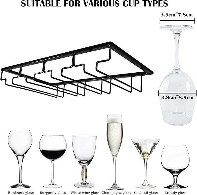 4 Rows Wine Glass Rack Under Cabinet Hanging Stemware Wine Glass Holder Under Shelf Wire Wine Glasses Racks Hanger for Bar, Kitchen (1, 4 Rows)