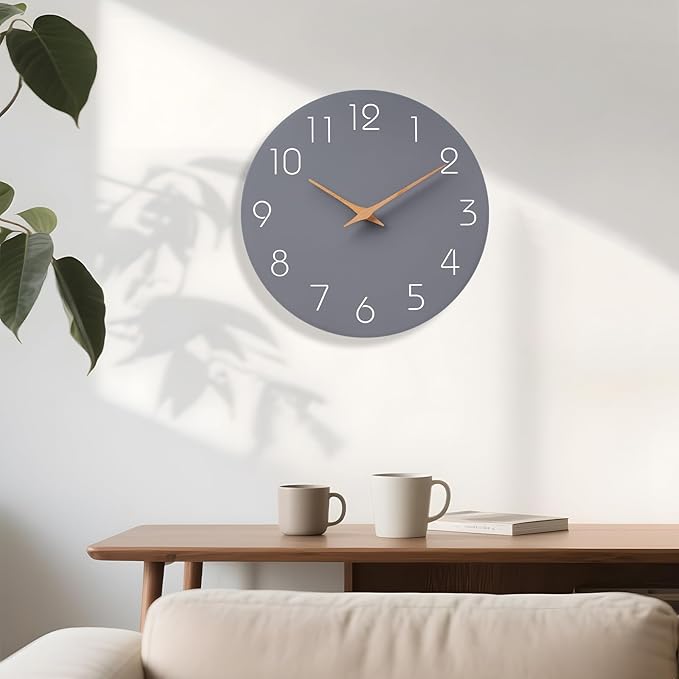Mosewa Wall Clock 14 Inch Gray Battery Operated Silent Non Ticking Simple Modern Wood Clock Decorative for Bedroom Living Room Kitchen Home Office
