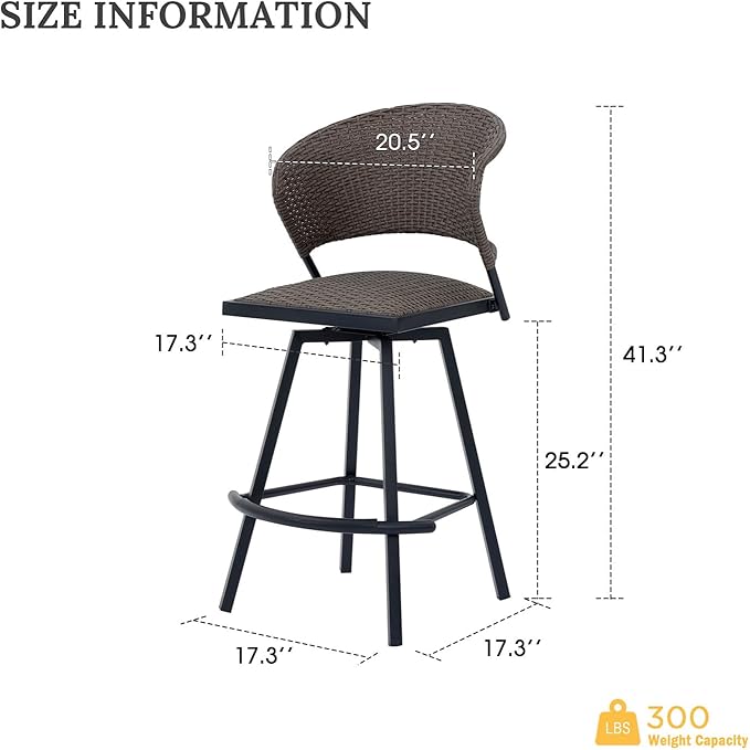 VICLLAX Patio Bar Stool Chairs with Footrests and Padded Seat, Bar Height Swivel Patio Chairs Set of 4, Brown Woven Wicker Swivel Bar Stools for Lawn Garden