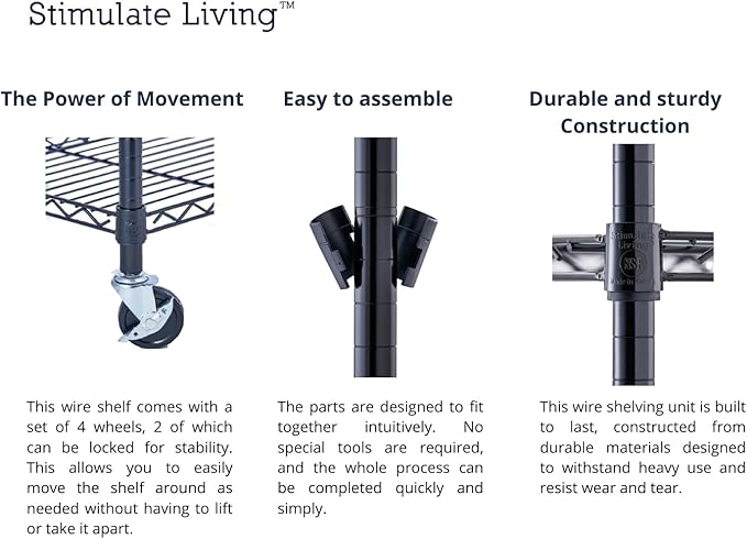 60"x18"x72" Prime Heavy Duty Black 4-Tier Wire Shelving NSF 3200 LBS MAX Capacity Storage Rack for Commercial, Hospital, School, Garage, and Kitchen Uses (with Wheels)